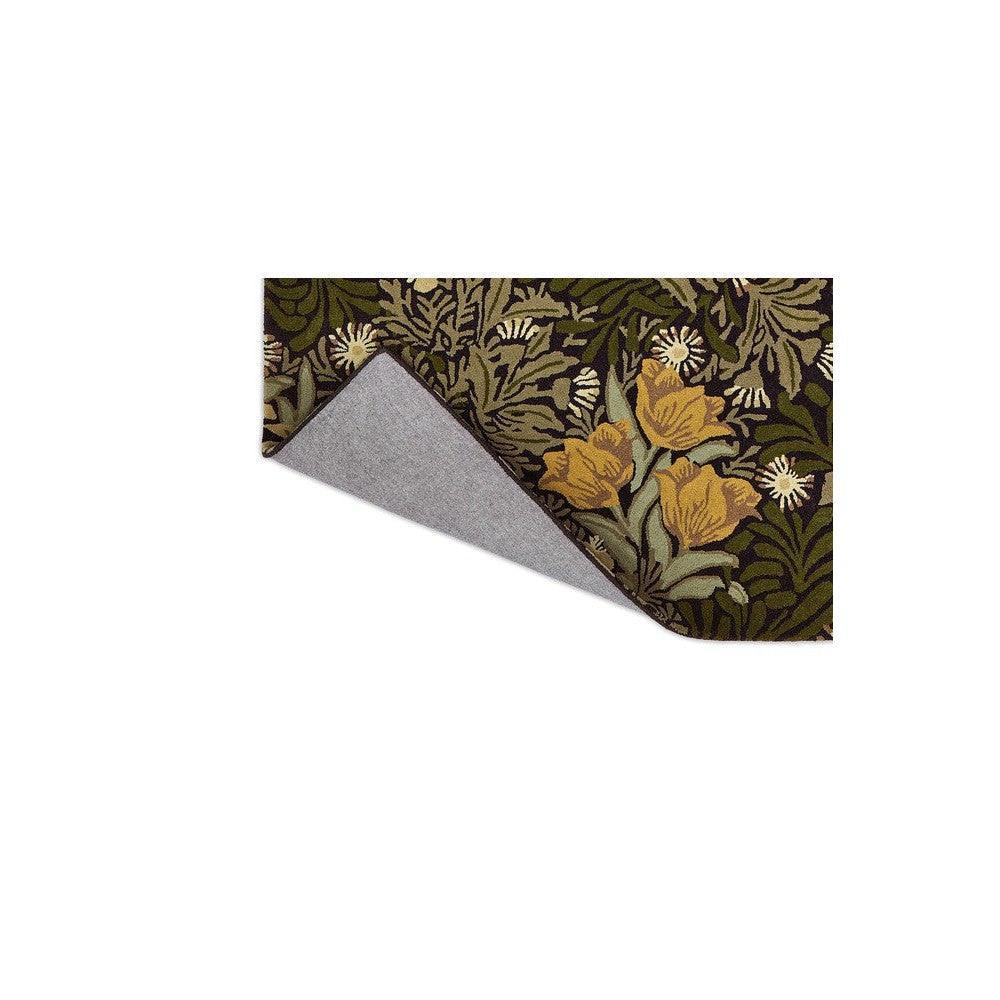 Morris & Co Bower Twining Vine Green Rug featuring botanical vine pattern in olive, dark green and mustard on dark background, hand-tufted wool