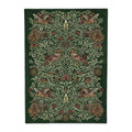 Morris & Co Bird Tump Green Rug featuring botanical birds in emerald, olive, burgundy on dark green, hand-tufted wool