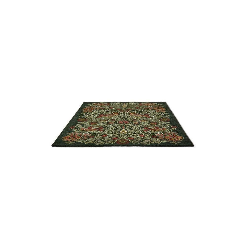 Morris & Co Bird Tump Green Designer Rug featuring botanical bird motif in cream, gold, red on dark green background, hand-tufted wool