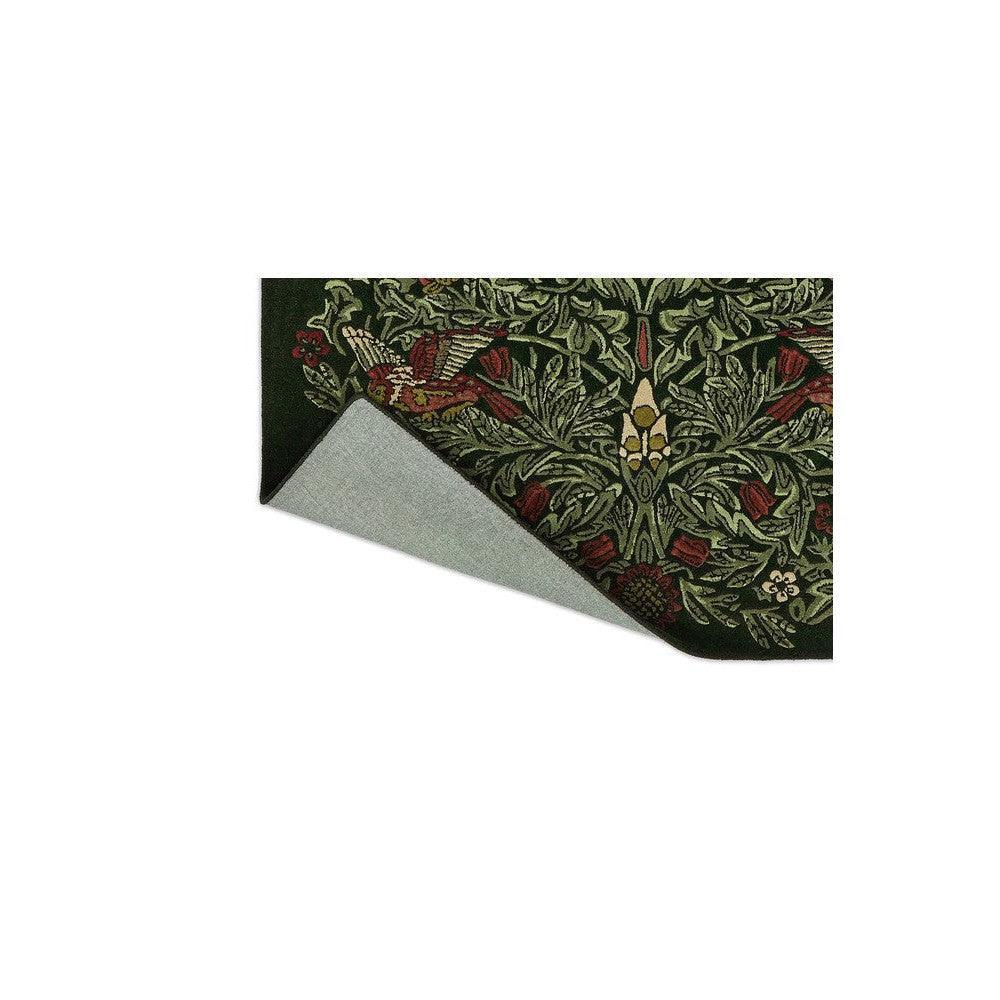 Morris & Co Bird Tump Green Designer Rug featuring botanical bird motif in dark green, olive, ivory and red on deep green background, machine-loomed wool