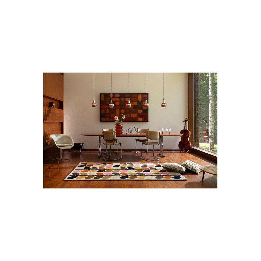 Orla Kiely Multi Stem Autumn Designer Rug featuring stem-dot pattern in red, ochre, olive, navy and cream on ivory background, machine-woven wool