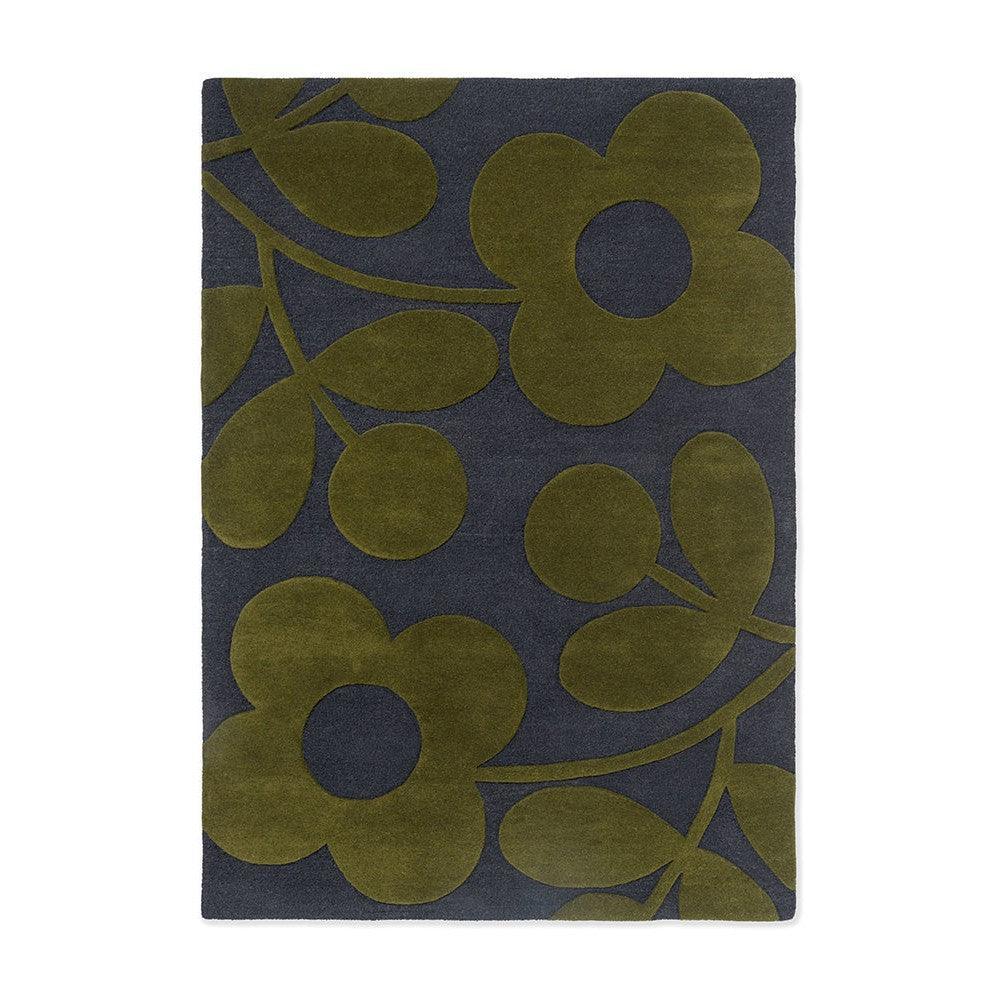 Orla Kiely Sprig Stem Marine Designer Rug featuring botanical stem pattern in olive green on navy background, hand-tufted wool