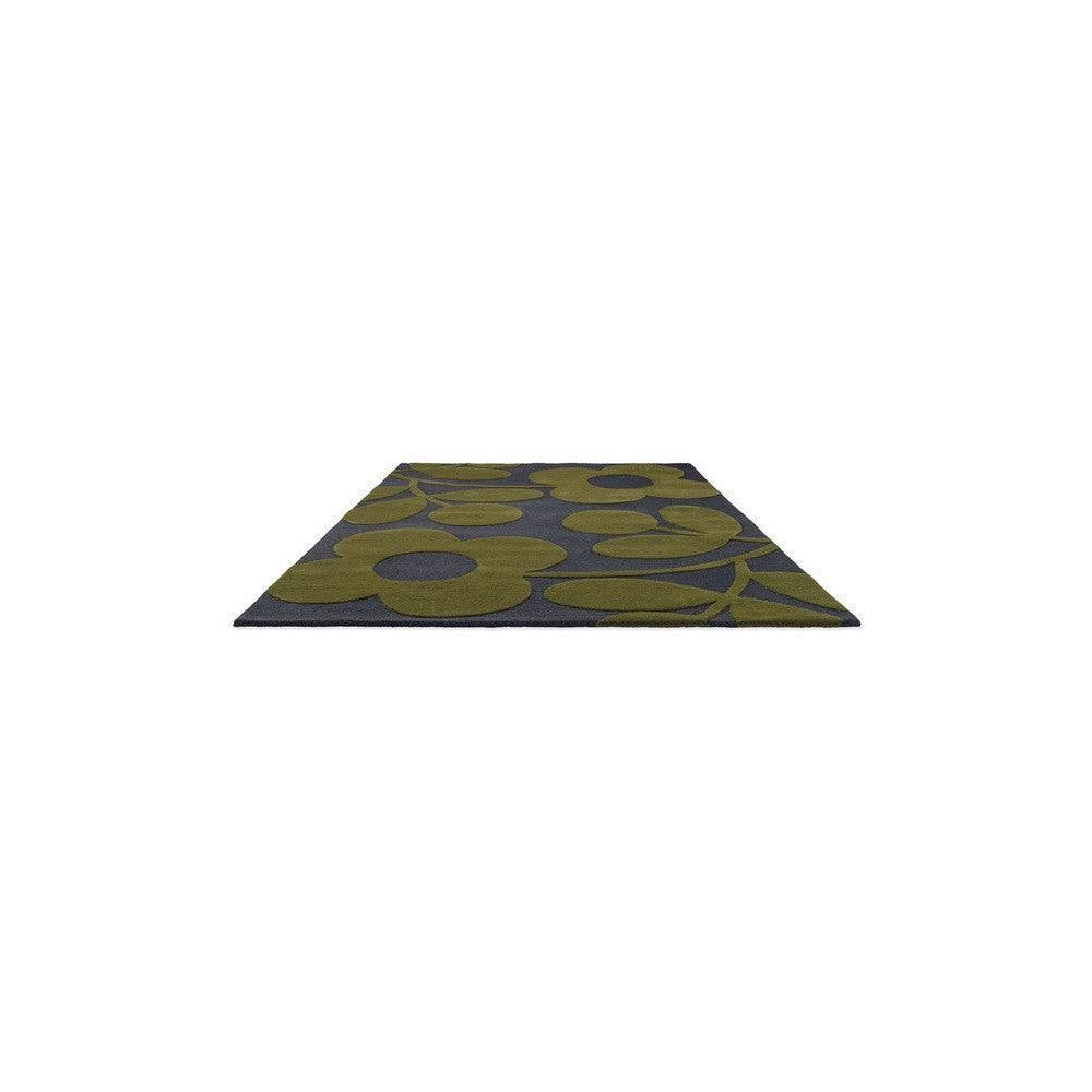 Orla Kiely Sprig Stem Marine Designer Rug featuring botanical sprig pattern in olive green and navy on charcoal background, hand-tufted wool