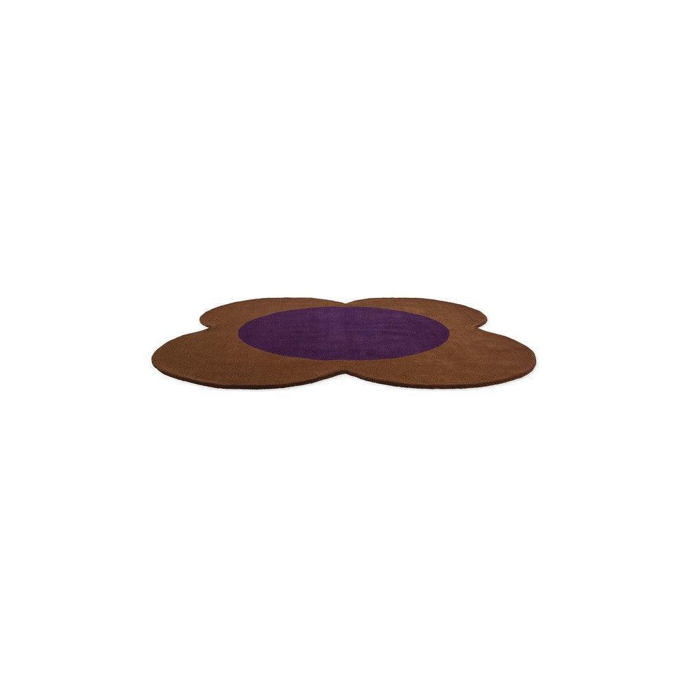 Orla Kiely Flower Spot Rug featuring flower-shaped pattern in chestnut brown and violet on white background, hand-tufted wool