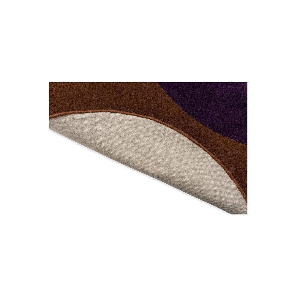 Orla Kiely Flower Spot Rug featuring curved chestnut brown, violet and beige shapes on cream background, hand-tufted wool