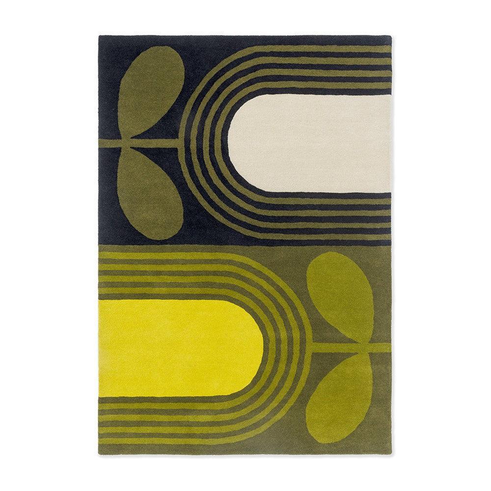 Orla Kiely Striped Tulip Seagrass Rug featuring tulip and curved stripes in navy, olive, mustard on cream, hand-woven seagrass
