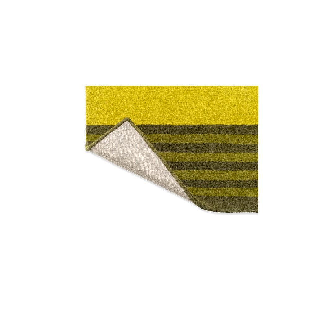 Orla Kiely Striped Tulip Seagrass Rug featuring yellow and olive stripes on cream background, hand-woven seagrass