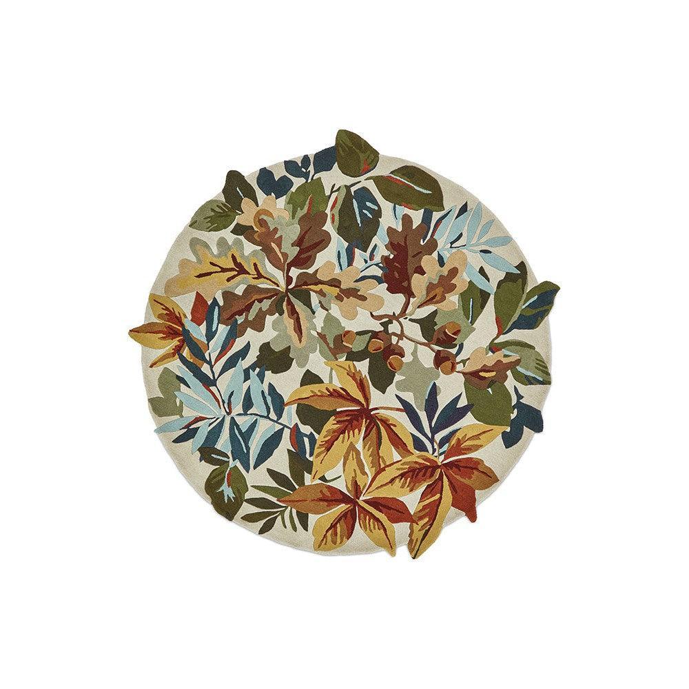 Sanderson Robin's Wood Russet Round Brown Designer Rug featuring botanical leaves in russet, olive green, dusty blue on cream, hand-tufted wool