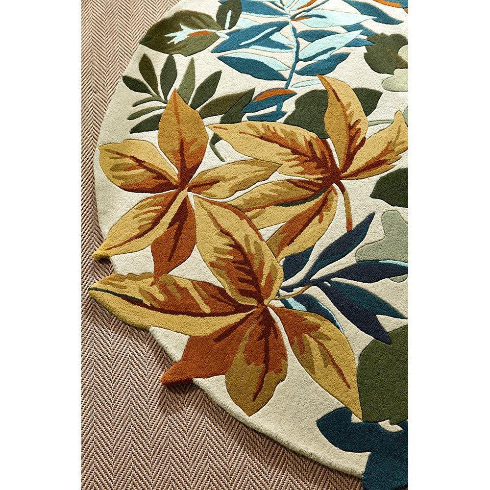 Sanderson Robin's Wood Russet Round Brown Designer Rug featuring botanical leaves in russet, mustard, olive, teal on cream, hand-tufted wool