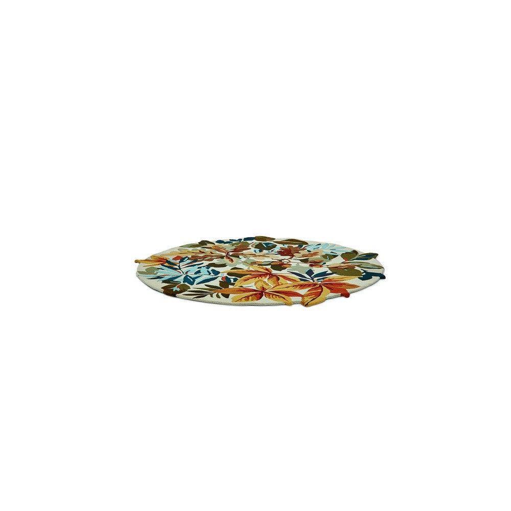 Sanderson Robin's Wood Russet Round Rug featuring botanical floral pattern in russet, gold, teal on cream, round hand-tufted wool