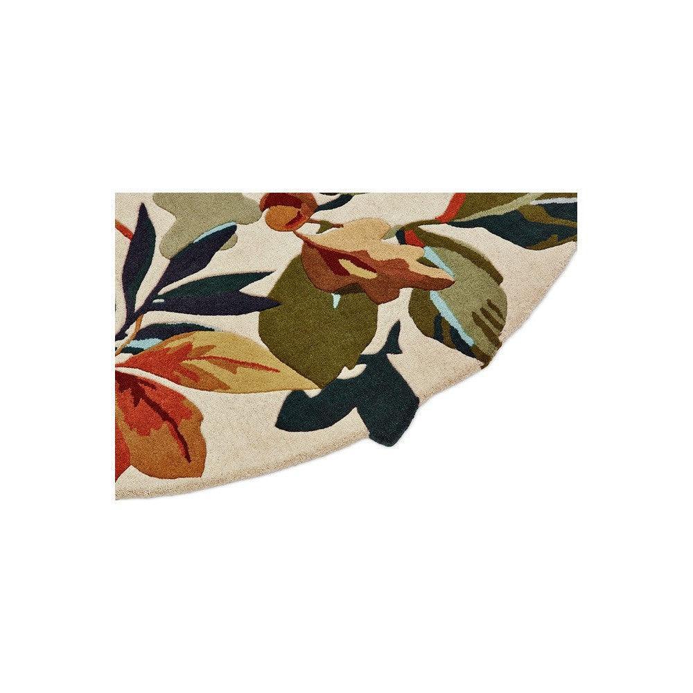 Sanderson Robin's Wood Russet Round Brown Designer Rug featuring botanical leaves in russet, olive-green, navy and cream on beige background, hand-tufted wool