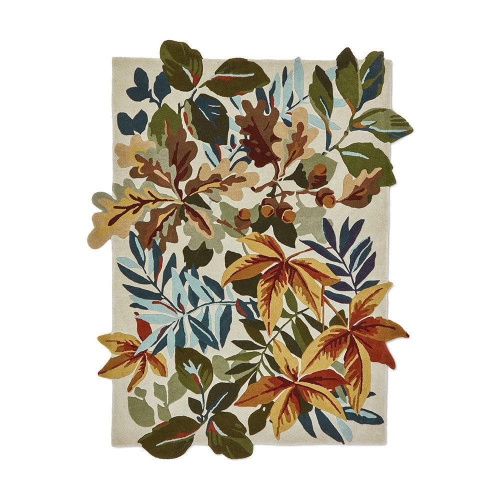 Sanderson Robin's Wood Russet Brown Designer Rug featuring botanical leaf pattern in russet brown, olive, navy, mustard on cream background, hand-tufted wool