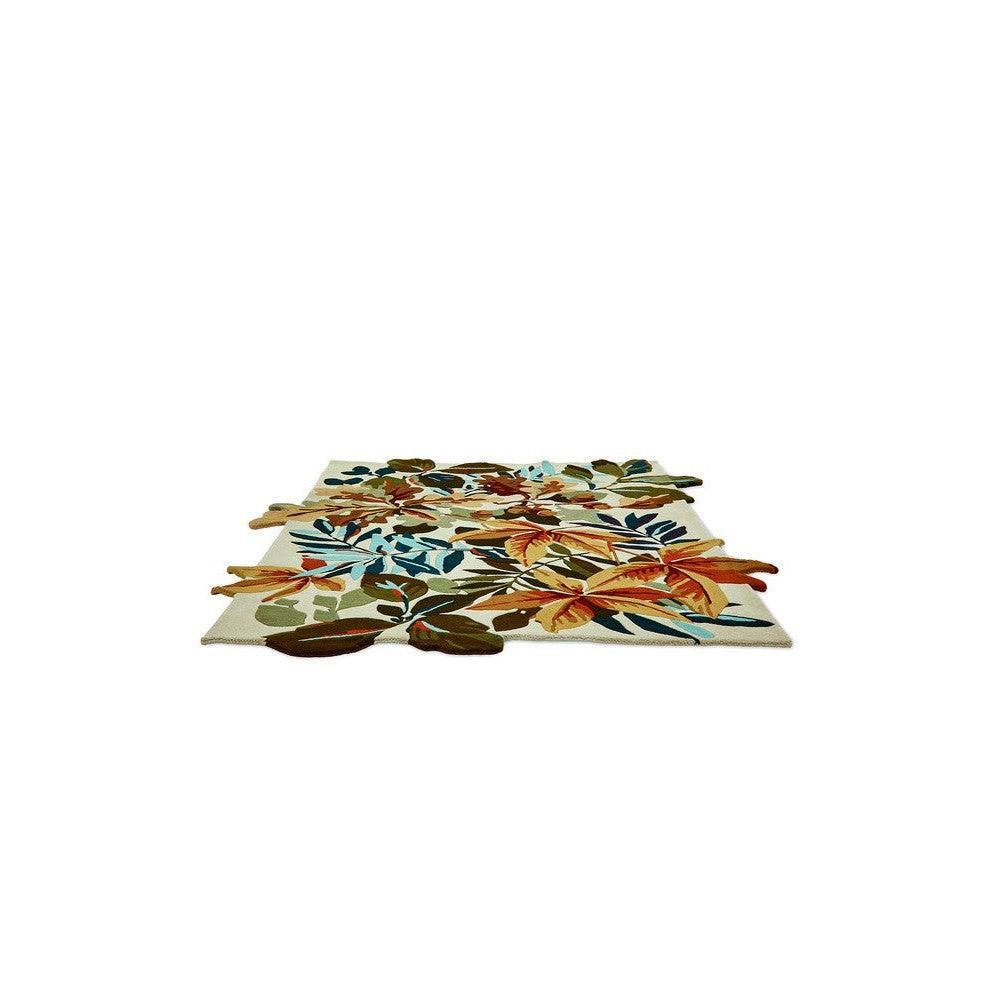 Sanderson Robin's Wood Russet Brown Designer Rug featuring botanical floral pattern in russet brown, olive green, teal, cream on light beige background, hand-tufted wool