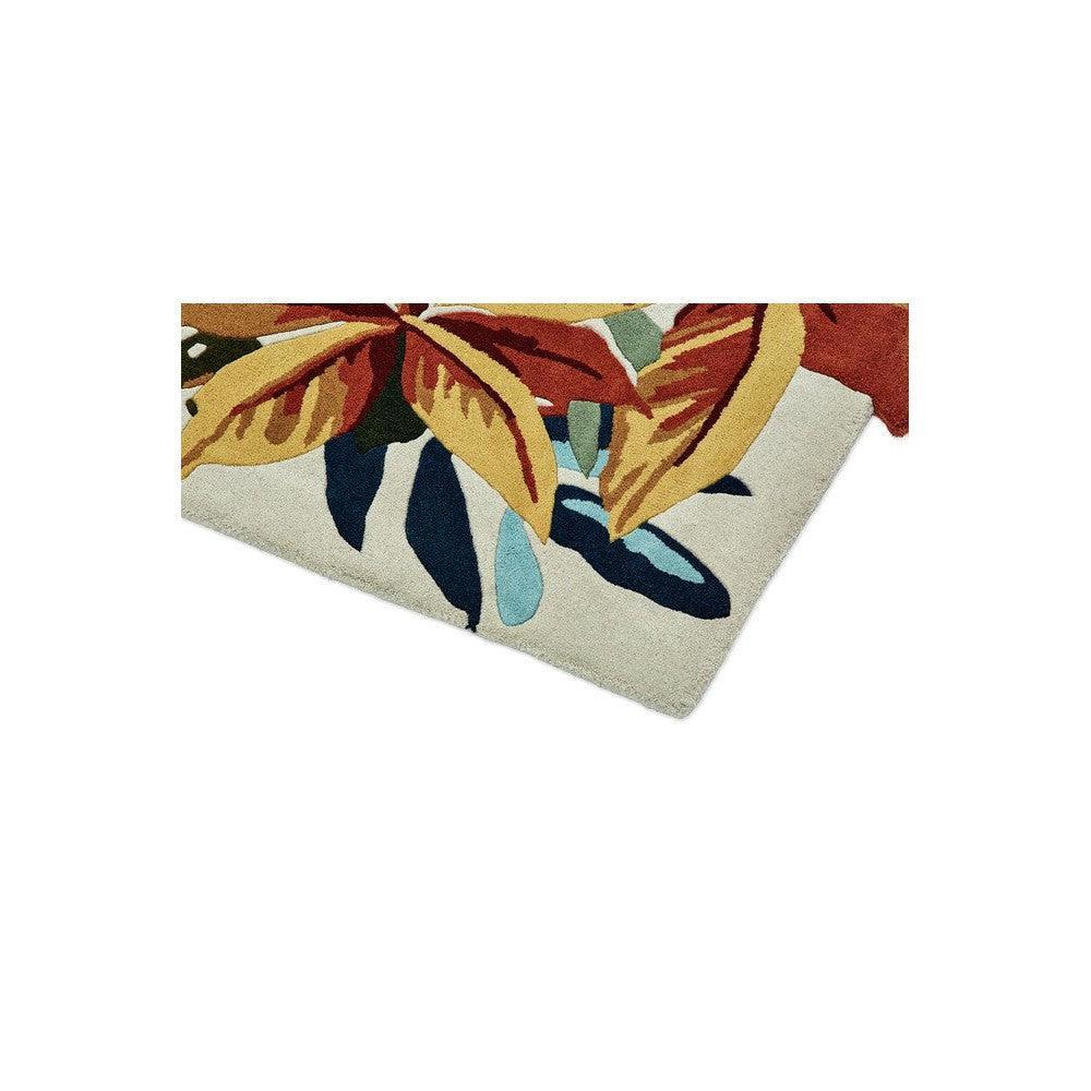 Sanderson Robin's Wood Russet Brown Designer Rug featuring botanical pattern in russet, mustard, teal and navy on beige background, hand-tufted wool