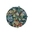 Sanderson Robin's Wood Round Rug featuring botanical leaf pattern in forest greens, blues and burgundy on dark navy background