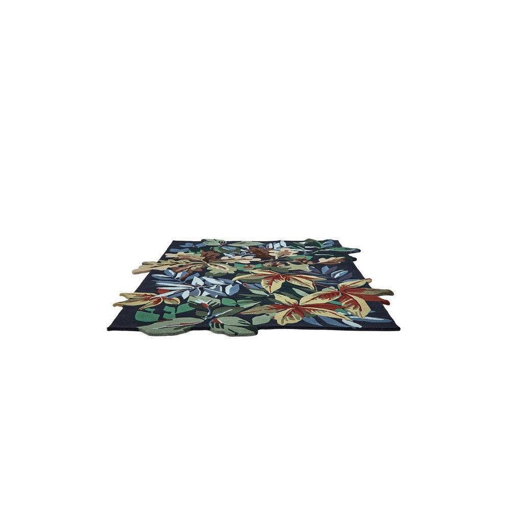Sanderson Robin's Wood Forest Green Designer Rug featuring botanical leafy pattern in forest green, emerald, olive, ivory on deep navy background, hand-tufted wool