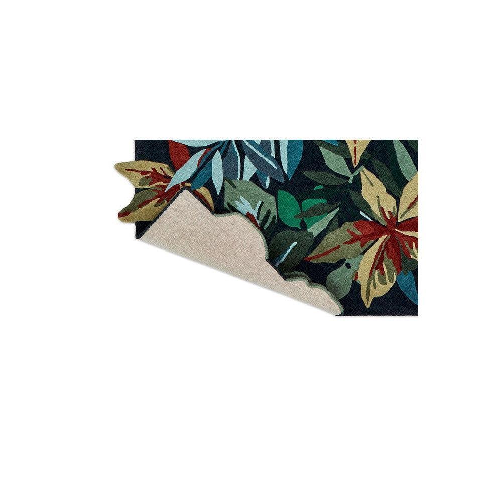 Sanderson Robin's Wood Forest Green Rug featuring botanical leaves in forest green, emerald, teal, navy on dark background, hand-tufted wool