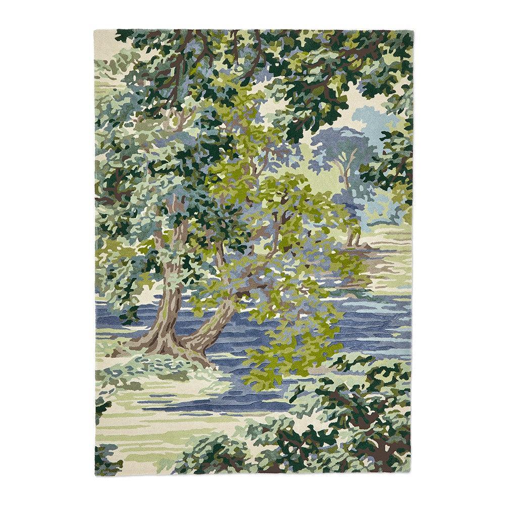Sanderson Ancient Canopy Forest Rug featuring woodland canopy in forest green, olive, sage and cream on beige background, hand-tufted wool