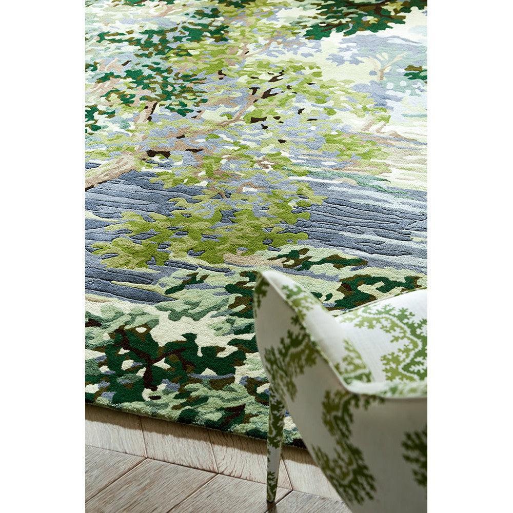Sanderson Ancient Canopy Forest Green Designer Rug featuring botanical leafy pattern in forest green, olive, sage, cream on cream background, hand-tufted wool