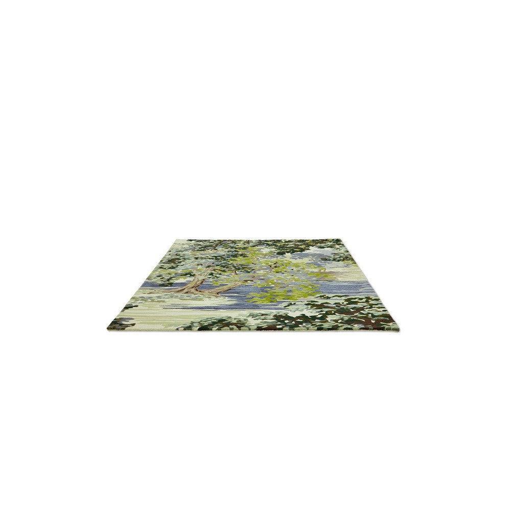 Sanderson Ancient Canopy Forest Green Designer Rug featuring forest landscape in forest green, olive, sage and cream on pale background, hand-tufted wool