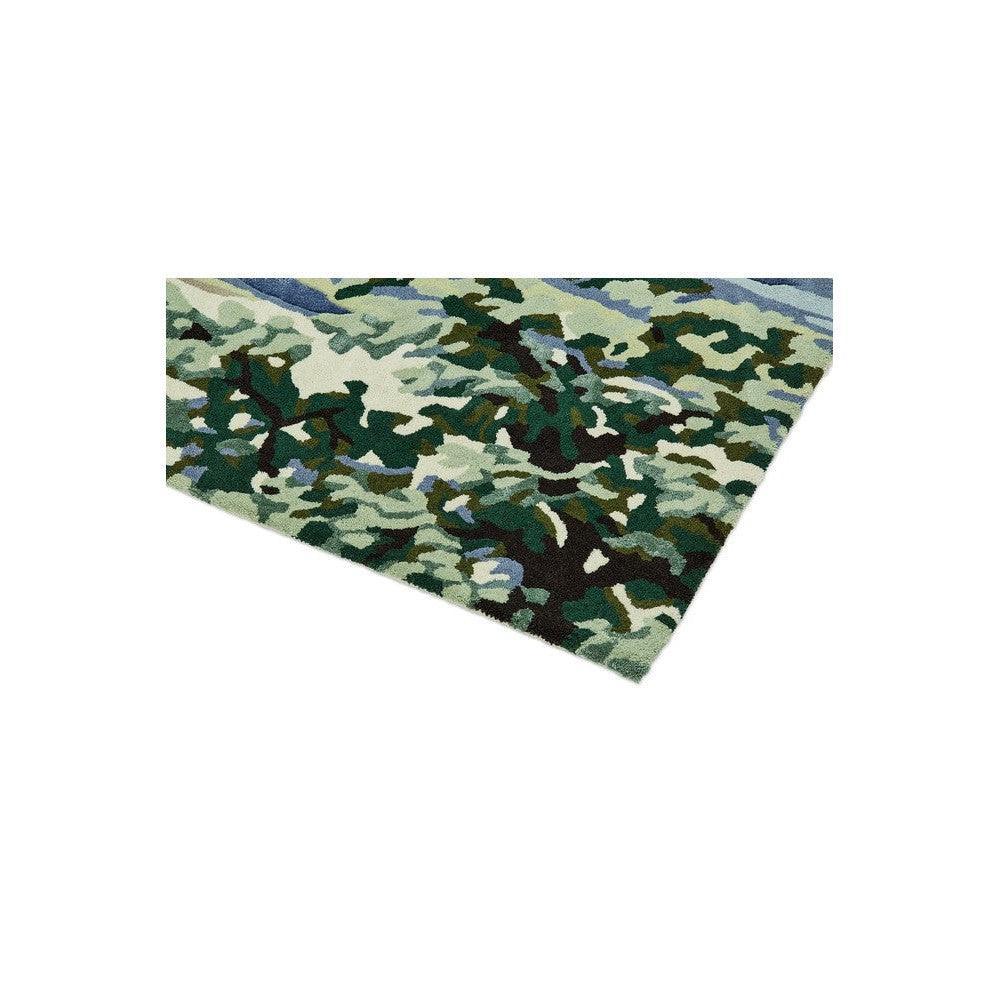 Sanderson Ancient Canopy Forest Green Designer Rug featuring camouflage pattern in forest green, olive, sage and cream on dark green, hand-tufted wool