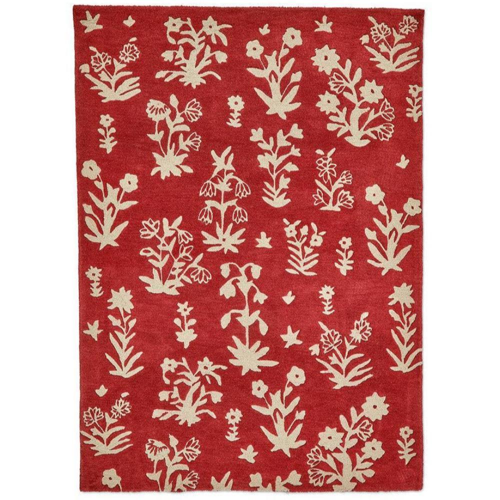 Sanderson Woodland Glade Damson Red Designer Rug featuring cream floral botanical pattern on damson red background, hand-tufted wool