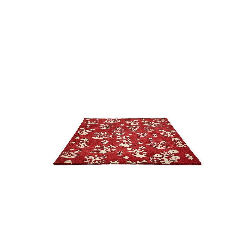 Sanderson Woodland Glade Damson Rug featuring botanical pattern in damson red and cream on white background, machine-made wool