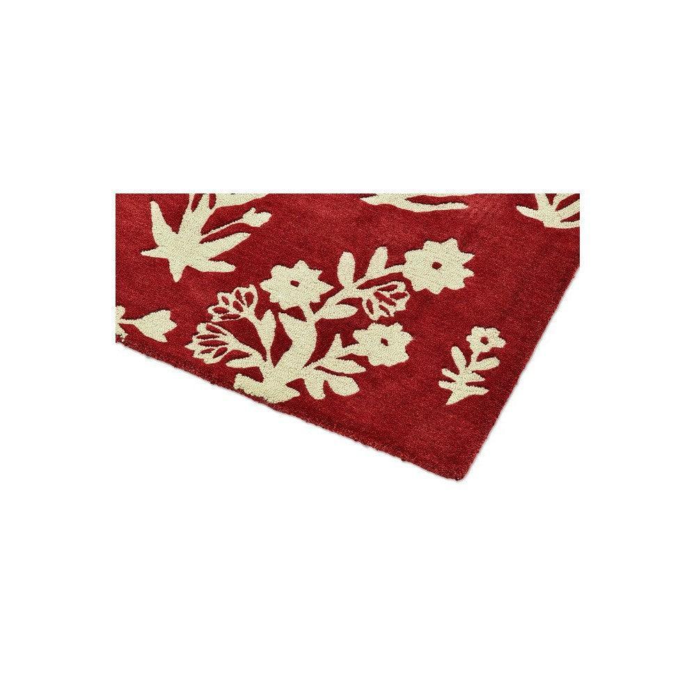 Sanderson Woodland Glade Damson Red Designer Rug featuring cream floral pattern on crimson background, hand-tufted wool