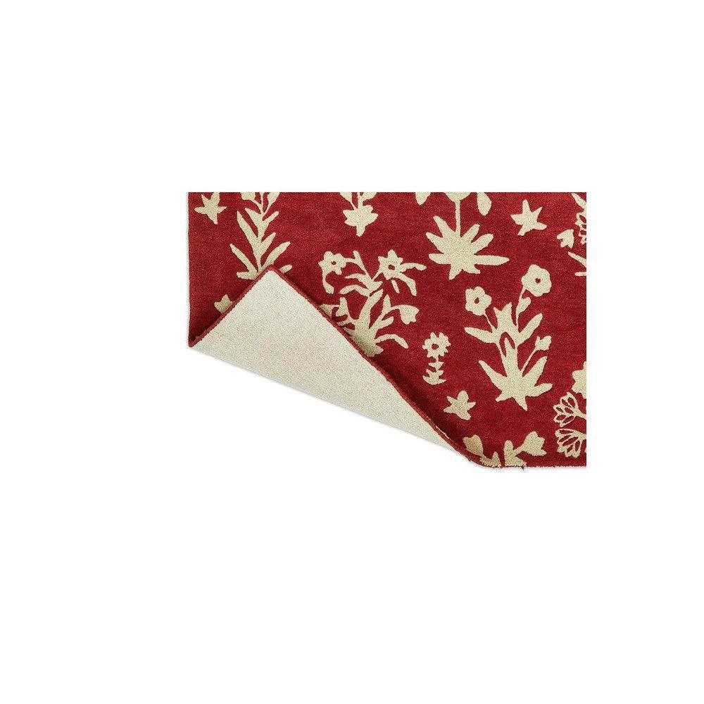 Sanderson Woodland Glade Damson Red Designer Rug featuring botanical floral pattern in damson red and ivory on crimson background, hand-tufted wool