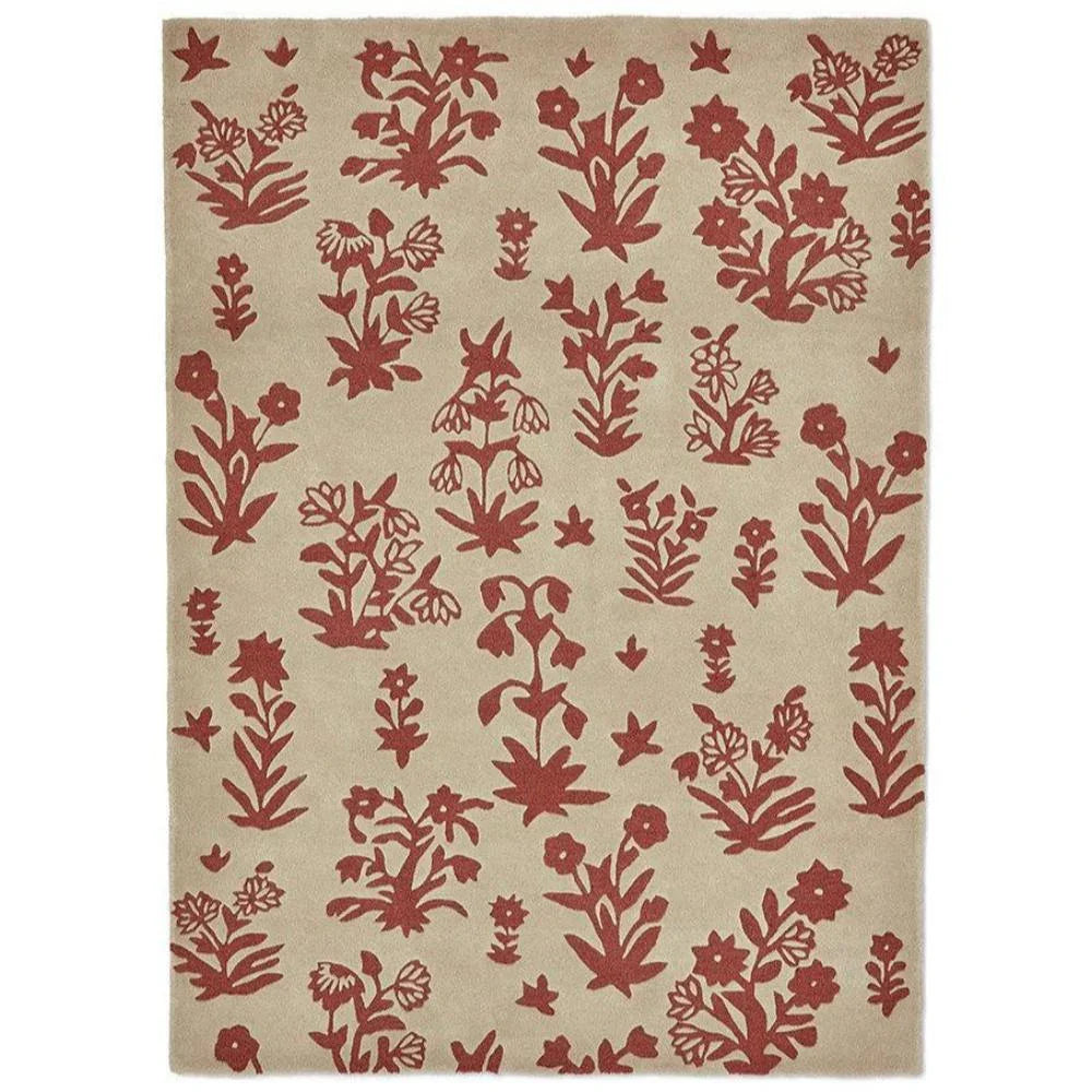 Sanderson Woodland Glade rug featuring botanical floral pattern in linen, russet red on beige background, hand-tufted wool