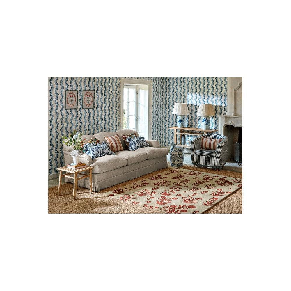 Sanderson Woodland Glade rug featuring botanical floral pattern in cream linen with russet-brown accents on light background, machine-woven wool
