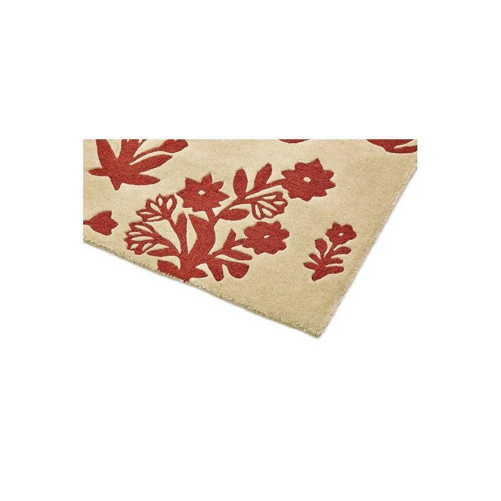 Sanderson Woodland Glade Designer Rug featuring botanical floral pattern in russet brown on linen beige background, hand-tufted wool