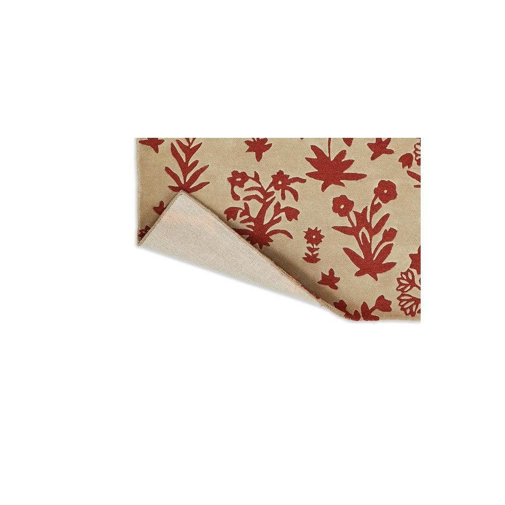 Sanderson Woodland Glade Designer Rug featuring botanical floral pattern in russet red on beige background, hand-tufted wool