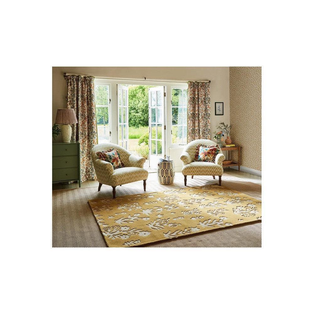 Sanderson Woodland Glade Gold Designer Rug featuring botanical leaf pattern in gold, ivory on cream background, hand-tufted wool