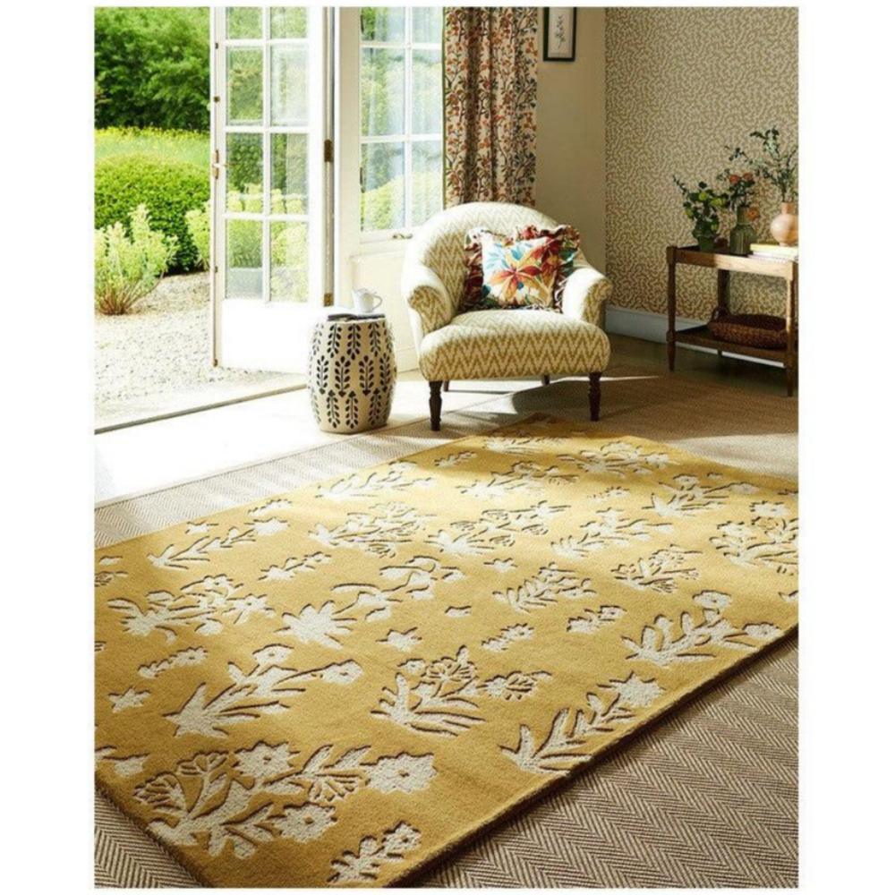 Sanderson Woodland Glade Gold Designer Rug featuring botanical floral pattern in gold, ivory and cream on warm beige background, hand-tufted wool