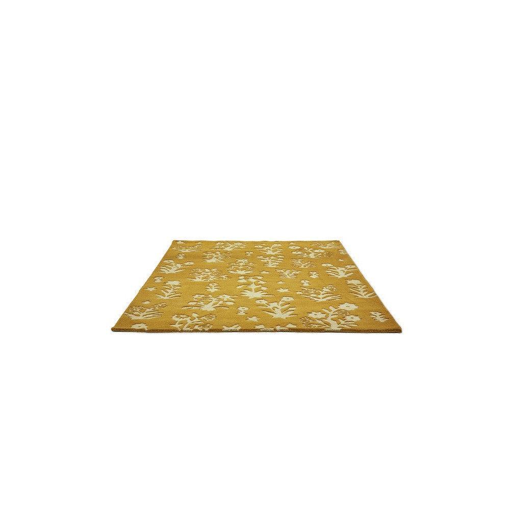 Sanderson Woodland Glade Gold Rug featuring botanical leafy pattern in mustard gold and ivory on gold background, hand-tufted wool