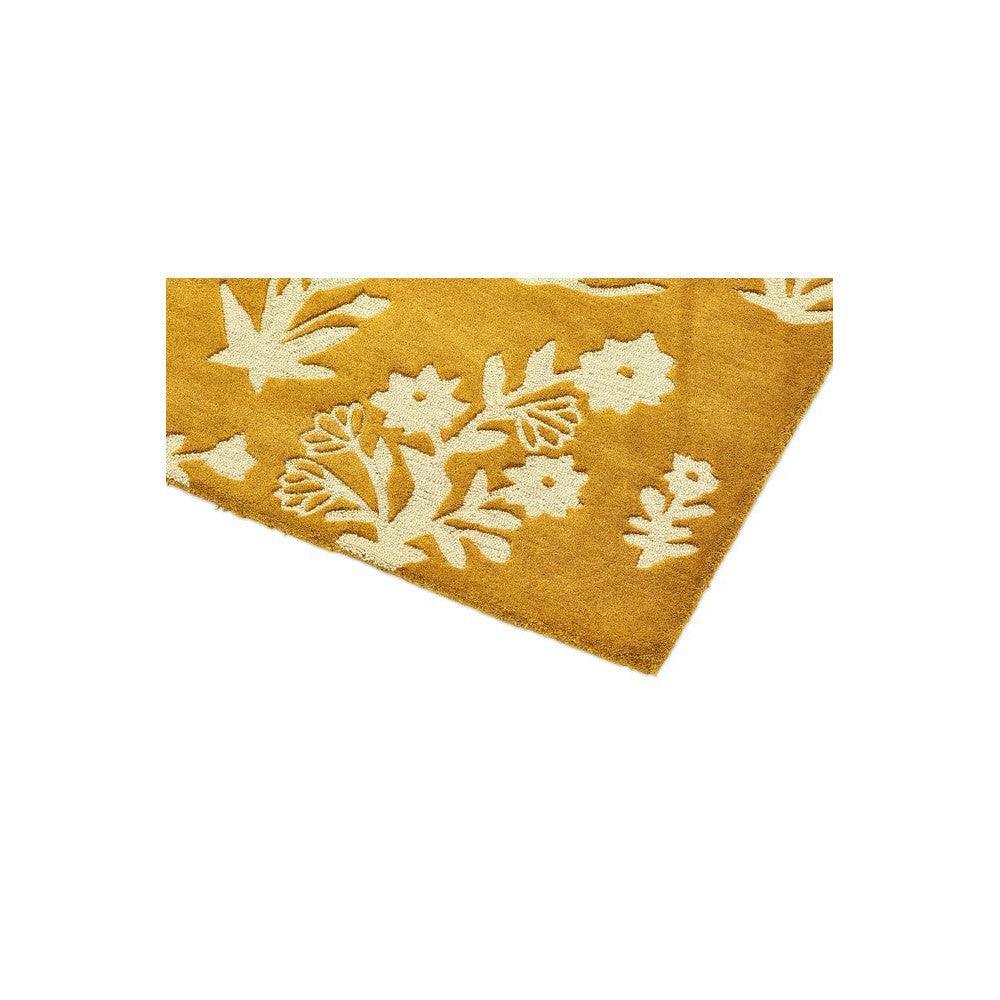 Sanderson Woodland Glade Gold Designer Rug featuring floral botanical pattern in white on gold background, construction unknown, material unknown