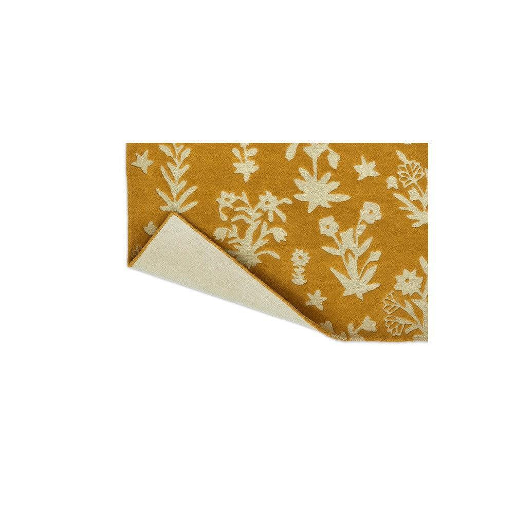 Sanderson Woodland Glade Gold Designer Rug featuring botanical floral pattern in ivory on ochre background, hand-tufted wool