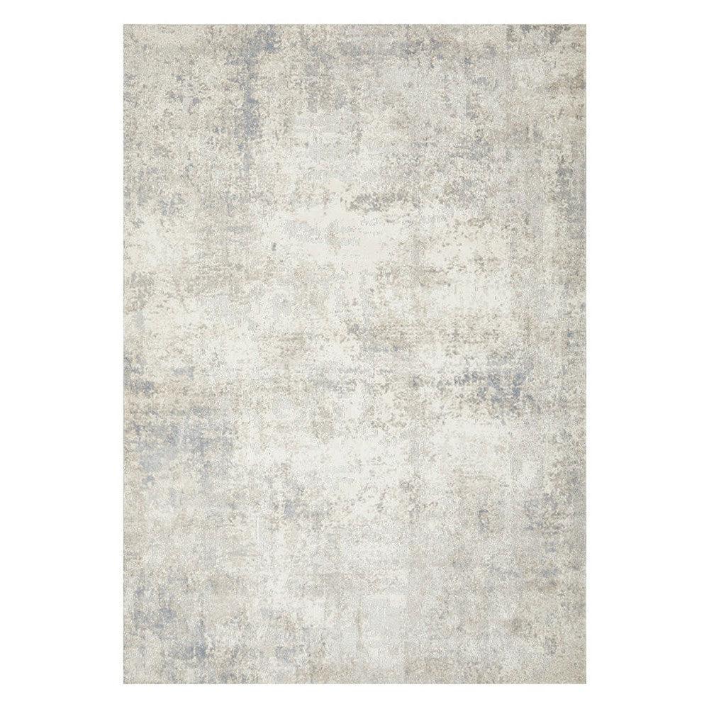 Bronte Aldo Sky Rug featuring abstract distressed pattern in cream, light grey and pale blue on grey background, machine-made wool