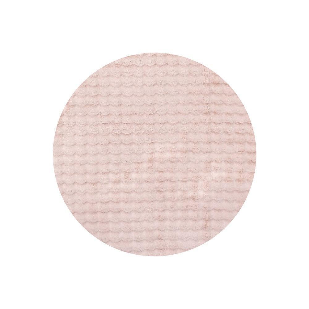 Bubble Blush Round Rug featuring bubble texture in blush pink on white background, machine-washable rug