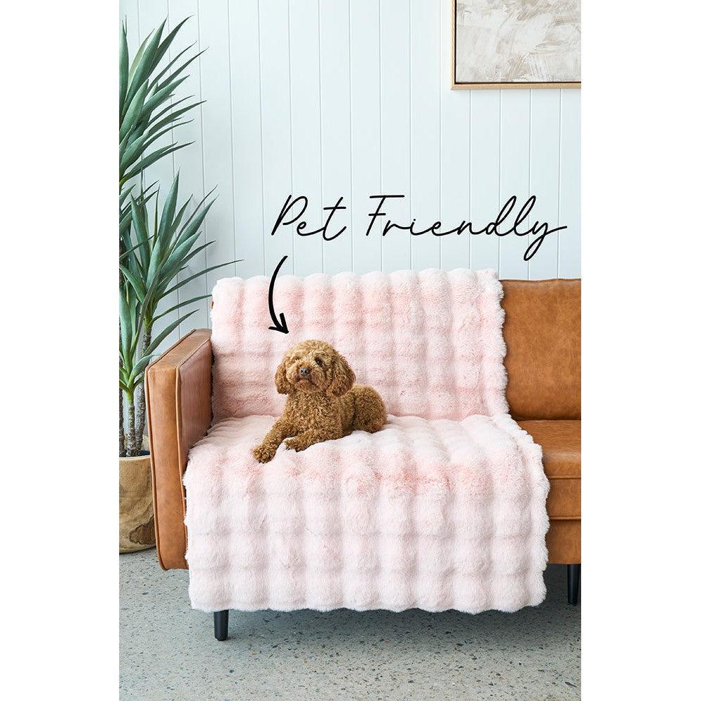 Bubble Blush machine-washable rug featuring fluffy bubble tuft in blush pink on light cream backdrop, machine-washable polyester