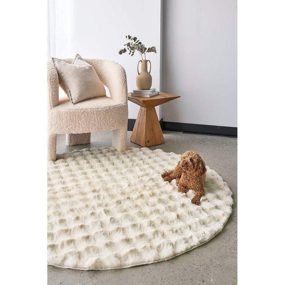 Bubble Natural Round rug featuring plush bubble texture in ivory and cream on a light grey floor, machine-washable shag, Rug Culture
