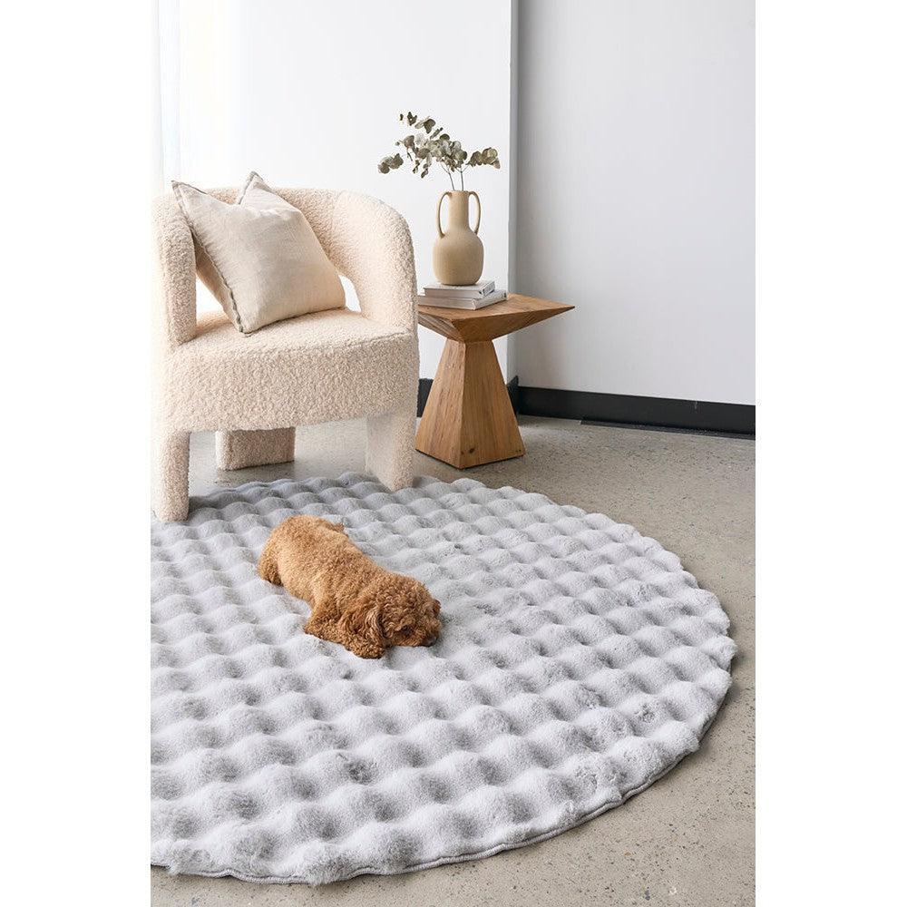 Bubble Silver Round - Machine Washable Rug featuring bubble tufted pattern in silver, grey and cream on light cream background, machine-washable polyester