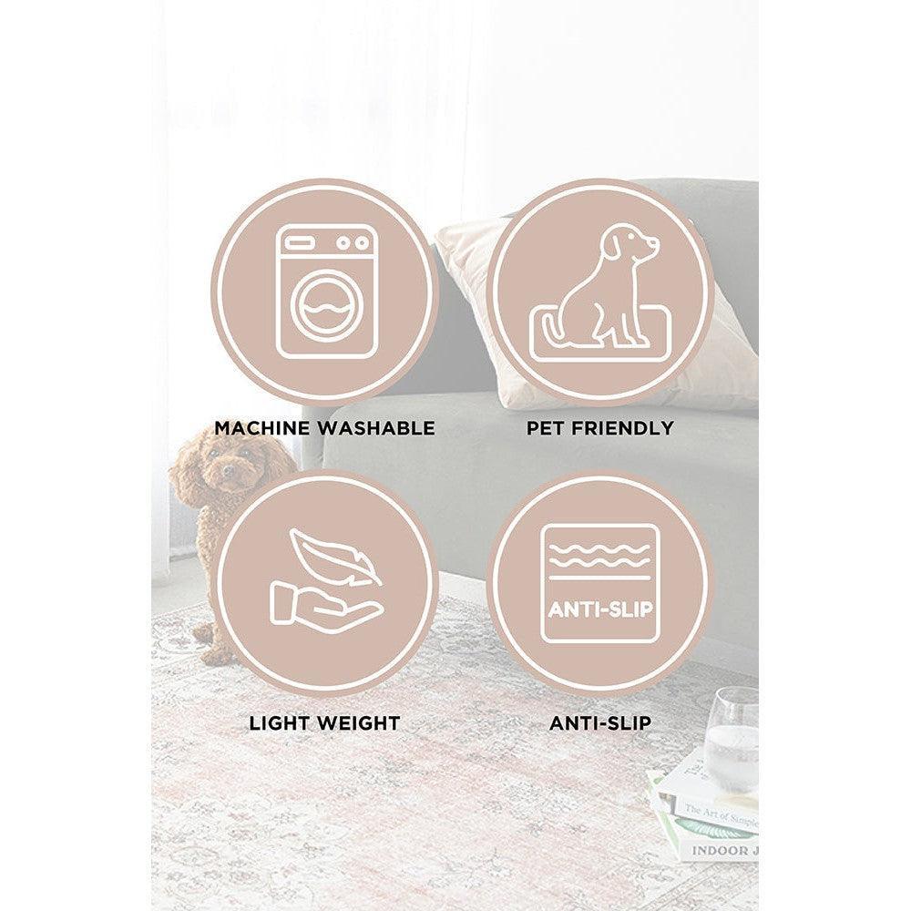 Bubble Silver rug featuring machine-washable design in blush pink icons on pale beige background, lightweight anti-slip, pet-friendly