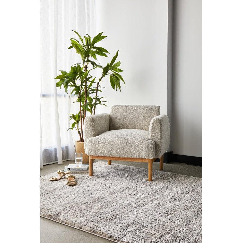 Himali Charlie Pewter Rug featuring shaggy textured pattern in creamy ivory, beige and light grey on neutral backdrop, hand-tufted wool