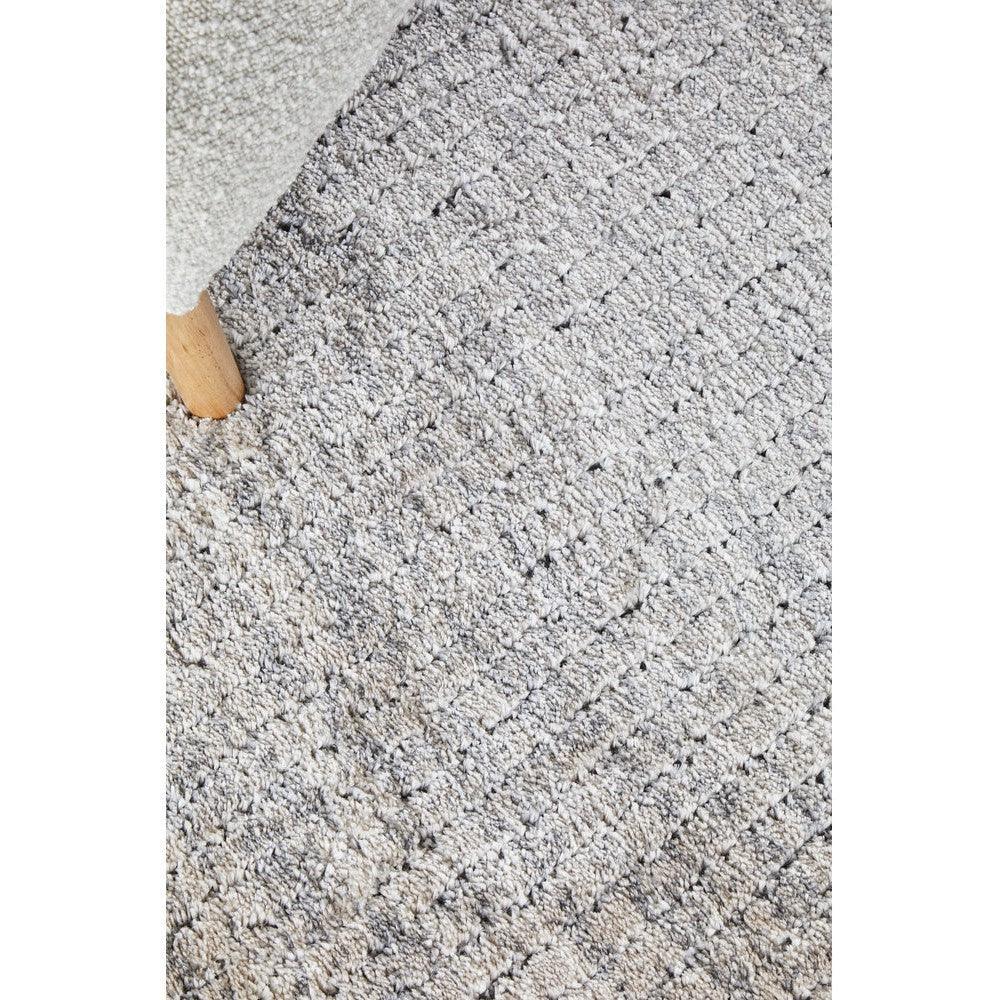 Himali Charlie Pewter Rug featuring textured lattice pattern in pewter grey and ivory on light background, machine-woven wool
