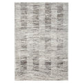 Himali Fin Rug featuring abstract striped pattern in steel grey, charcoal and taupe on pale beige background, machine-made wool blend