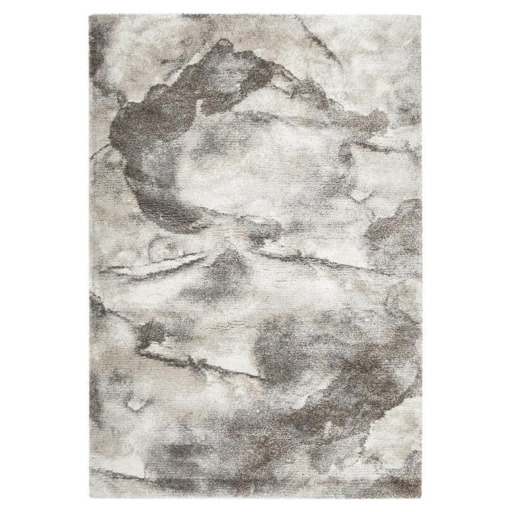 Himali Pedro Storm Rug featuring abstract marbled pattern in charcoal grey, taupe and cream on ivory background, hand-tufted wool
