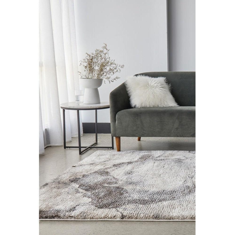Himali Pedro Storm Rug featuring abstract pattern in grey, taupe and cream on ivory background, machine-woven polyester
