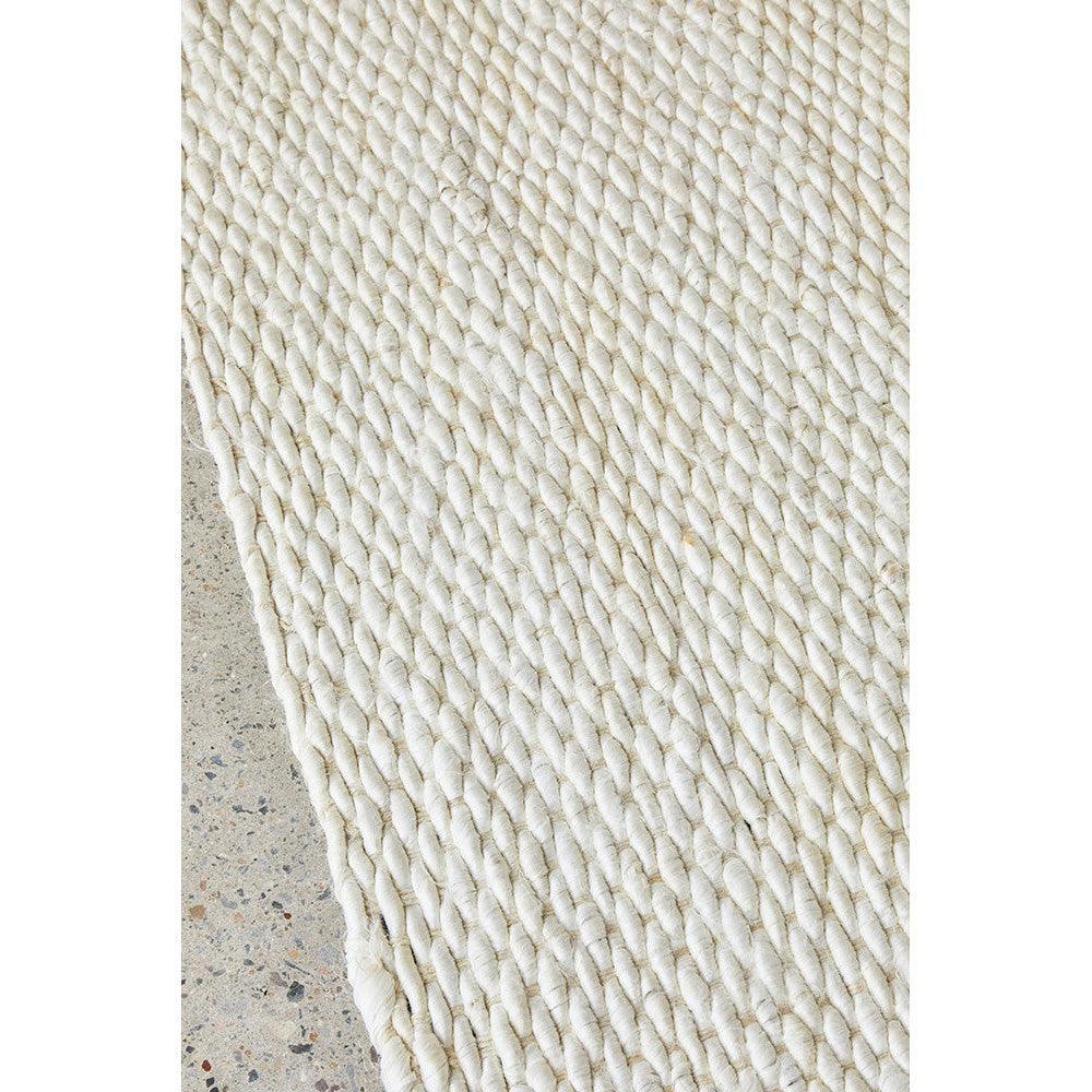 Hive White Rug featuring chunky rope-weave pattern in cream and ivory on light beige background, woven wool